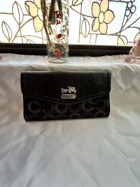 Coach Black Signature Continental Wallet with Logo Plaque